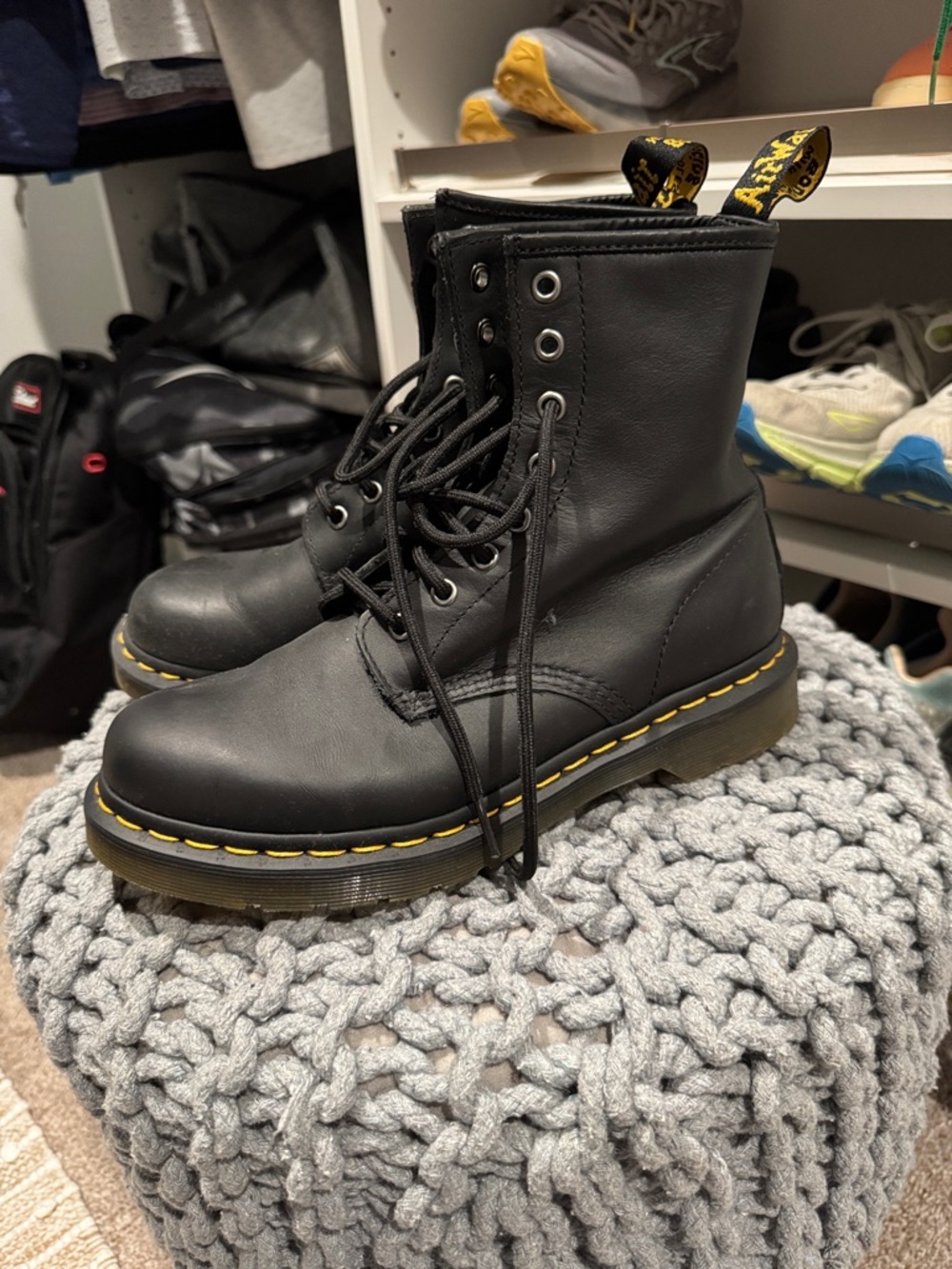 Dr. Martens Black Leather Lace-Up Boots with Yellow Stitching